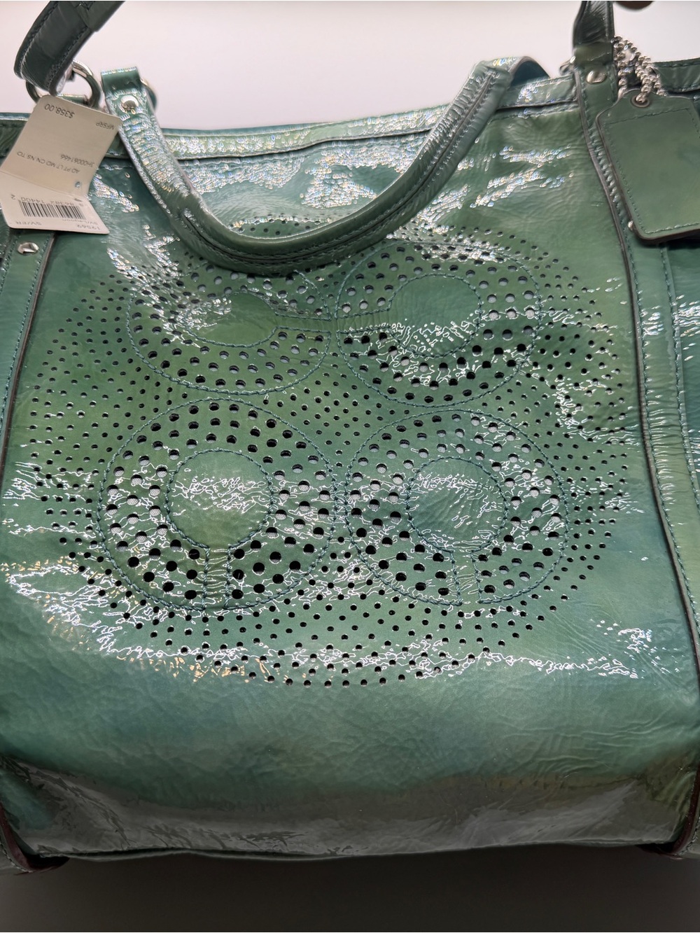 Coach Teal Patent Leather Tote with Perforated Circle Motif